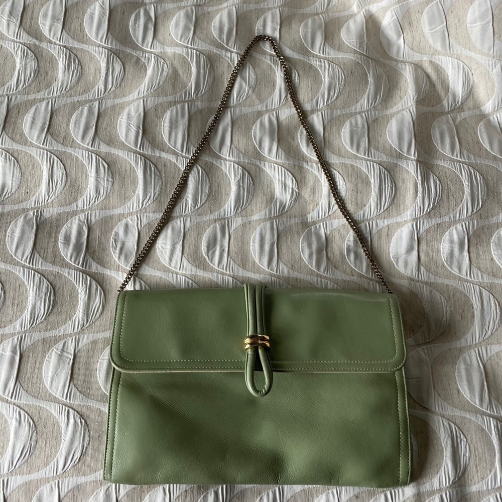 Crown Lewis Vintage Green Genuine Leather Clutch Shoulder Bag Gold Hardware